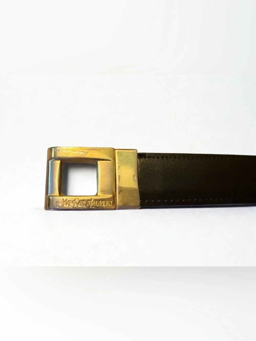 Yves Saint Laurent Black Vintage Leather Belt with Gold-Tone Buckle